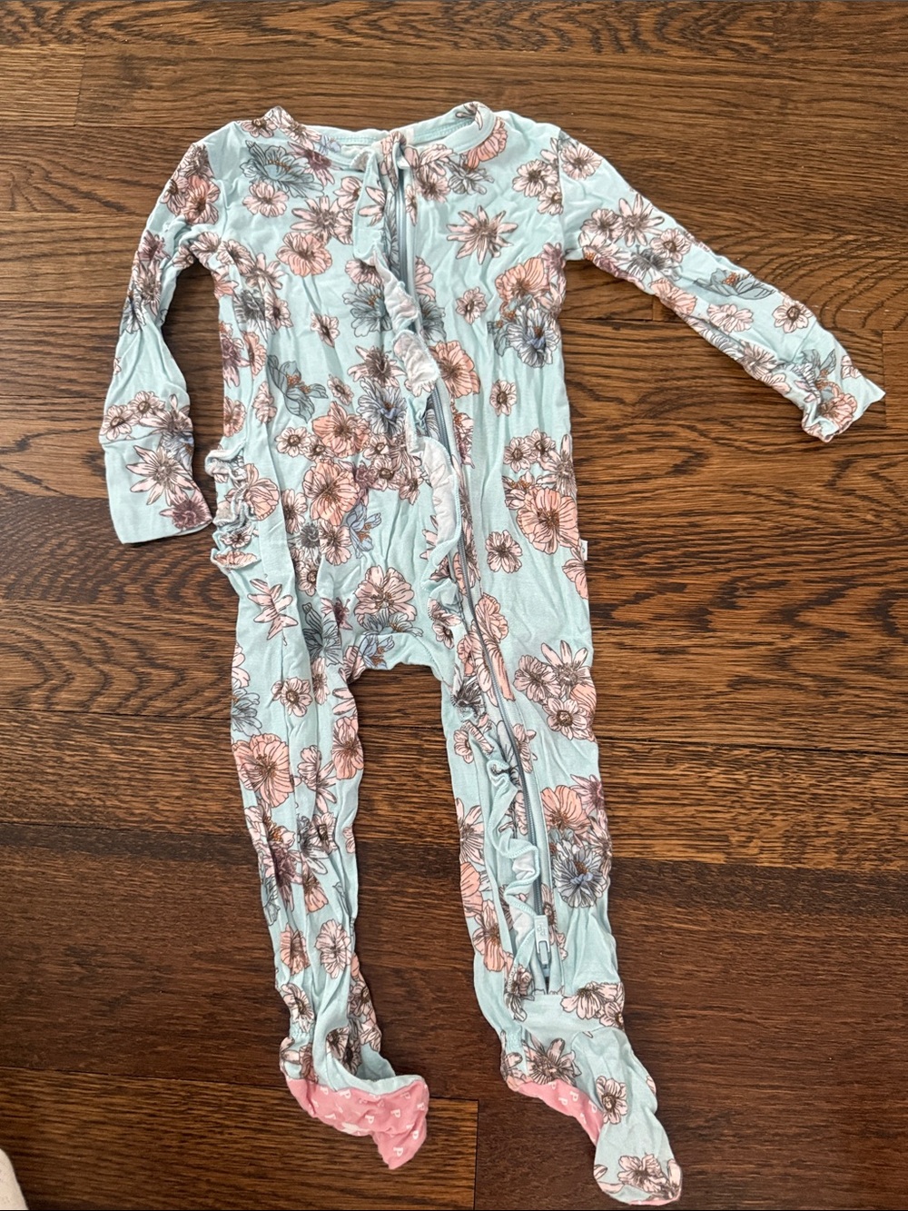 Posh Peanut Mint Floral Long-Sleeve Footed One-Piece